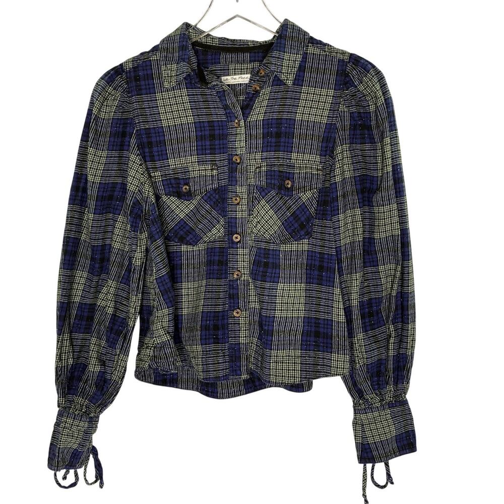 We the Free People Blue Sun City Plaid Button Down Top Shirt XS Blue Green